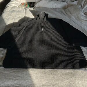 Reiss Black Quarter Zip Wool/Cotton Heavy Sweater 3/4 length sleeve, side-slits